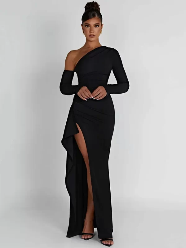 Oblique Shoulder Maxi Evening Dress