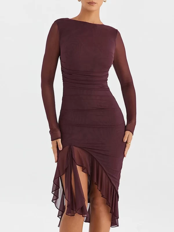 Sheer Elegance Backless Long Sleeve Dress